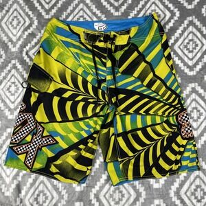 FOX Racing Logo Surf Swim Board Shorts Men's Size 33" Green Yellow Black Pocket